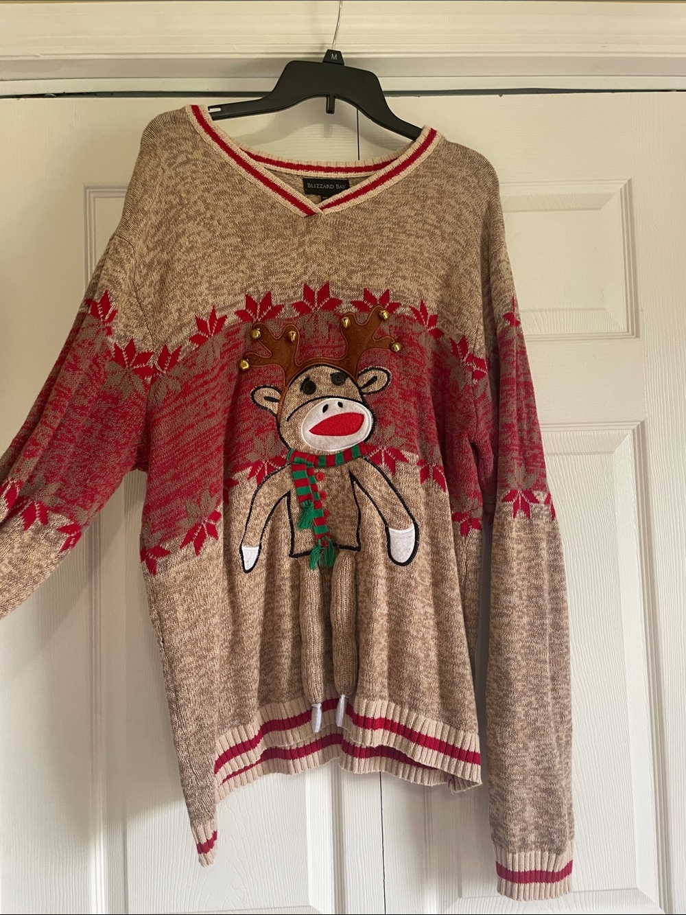 Sock Monkey Christmas Sweater with Bells XXL